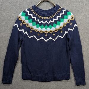 J Crew Lurex Sweater Womens Small Fair Isle Wool Blend Knit Navy Pullover